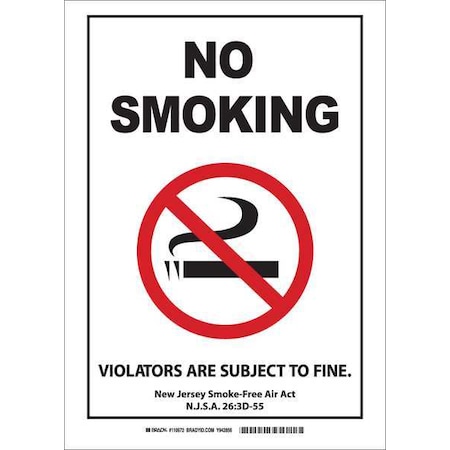 Brady No Smoking Sign, 14 in H, 10" W, Plastic, Rectangle, English, 110974 110974