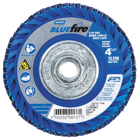 Norton Abrasives Flap Disc, 4 1/2 In x 40 Grit, 5/8-11 66623399137