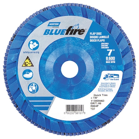 Norton Abrasives Flap Disc, 7 In x 60 Grit, 7/8 66623399161