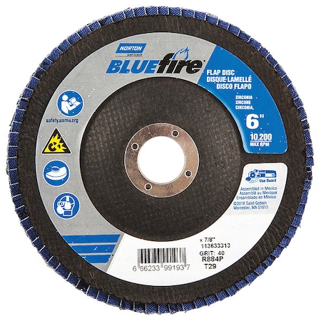 Norton Abrasives Flap Disc, 6 In x 40 Grit, 7/8 66623399193