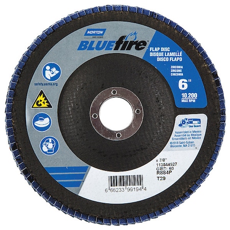 Norton Abrasives Flap Disc, 6 In x 60 Grit, 7/8 66623399194