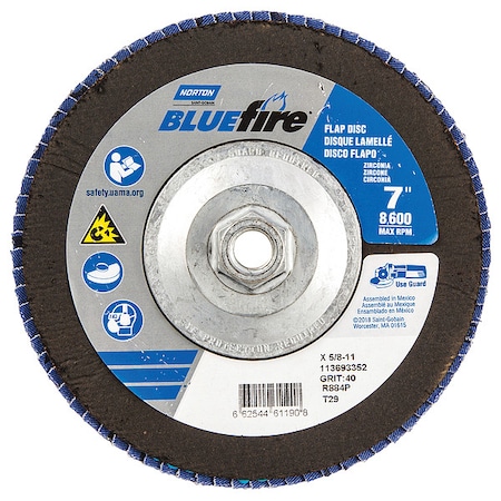 Norton Abrasives Flap Disc, 7 In x 40 Grit, 5/8-11 66254461190