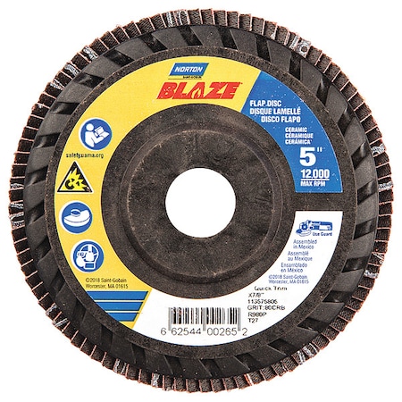 Norton Abrasives Flap Disc, 5 In x 80 Grit, 7/8 66254400265