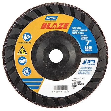 Norton Abrasives Fiber Disc, 7 in Dia, 7/8in Arbor, 120 Grit 66254461063