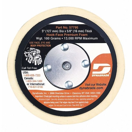 Dynabrade Non-Vacuum, Disc Pad, Hook Face, 5" dia. 57795