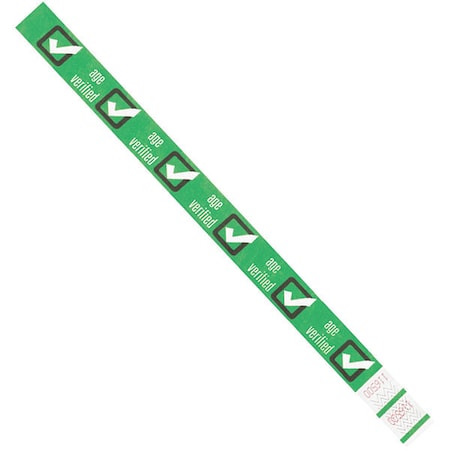 Tyvek Tyvek Wristbands, 3/4" x 10", Green "Age Verified", PK500 WR102GN