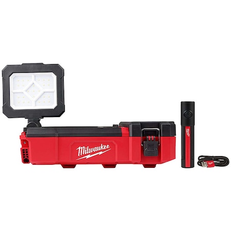 Milwaukee Tool M12 PACKOUT Flood Light w/ USB Charging + Rechargeable 500L Everyday Carry Flashlight w/ Magnet 2356-20, 2011R