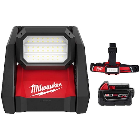 Milwaukee Tool M18 ROVER Dual Power Flood Light + USB Headlamp + M18 XC5.0 Battery 2366-20, 2115-21, 48-11-1850