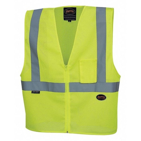 Pioneer Safety Vest, Polyester Mesh, ANSI Class 2, Zipper Closure, Cell Phone Pocket, Lime, XL V1060360U-XL