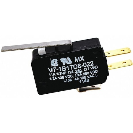 HONEYWELL Miniature Snap Action Switch, Lever, Short Actuator, SPDT, 3A @ 240V AC Contact Rating V7-1B17D8-022