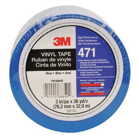 3M Floor Marking Tape, vinyl, Solid, Blue, 3 in W., 5.2 mil Thickness 471
