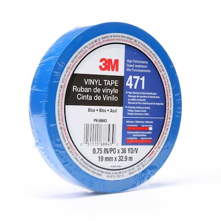 3M Floor Marking Tape, vinyl, Solid, Blue, 3/4 in W., 5.2 mil Thickness 471
