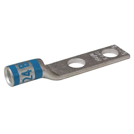 Zoro Select Two-Hole Compression Lug, 6 AWG Max, 1/4 in Stud, Short Barrel, Copper, Blue 24C419