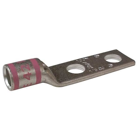 Zoro Select Two-Hole Compression Lug, 1/0 AWG Max, 1/4 in Stud, Short Barrel, Copper, Pink 24C423