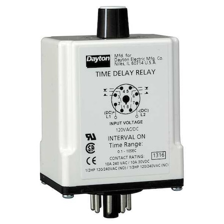 Dayton Single Function Time Delay Relay, Octal, Interval, 1 Functions 24V AC/DC, DPDT 24EN71