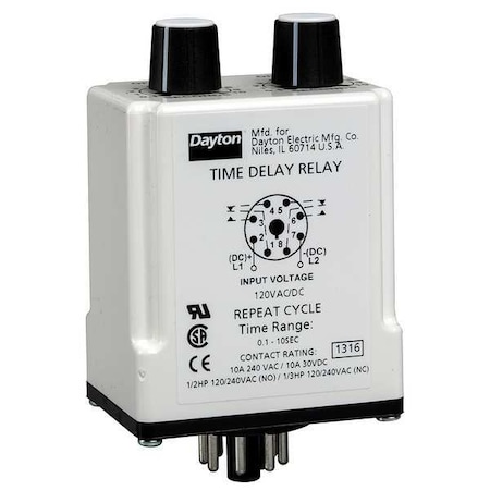 DAYTON Time Dlay Rlay, 120VAC/DC, 10A, DPDT, 9 sec., Base Type: Octal 24EP38