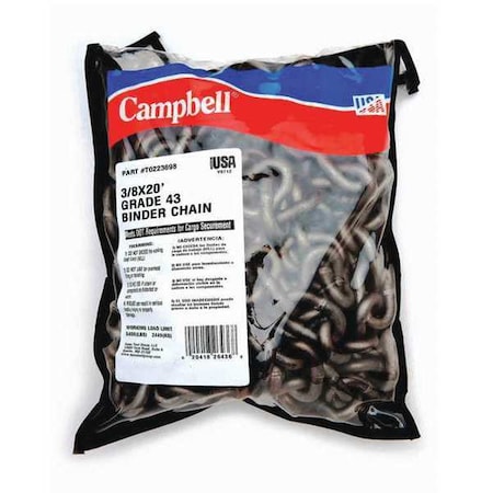 Campbell Chain & Fittings 3/8" x 16' Grade 43 High Test Binder Chain w/Clevis Grab Hooks, 1 per Bag T0222725