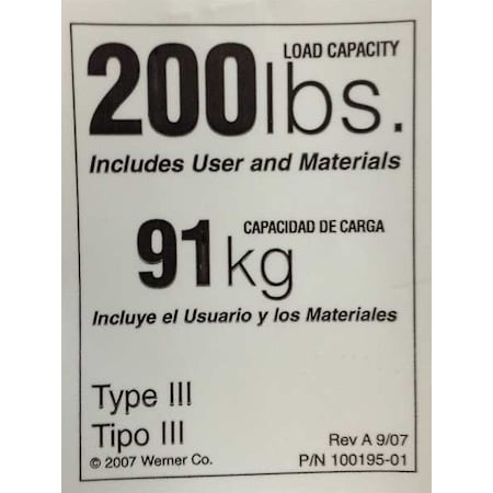 Werner Duty Rating Label Replacement, 200 lb. LDR200