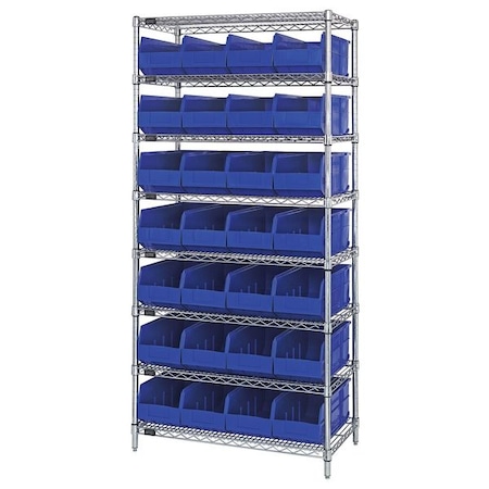 Quantum Storage Systems Steel, Polypropylene Bin Shelving, 14 in D x 74 in H x 36 in W, 8 Shelves, Blue WR8-443BL