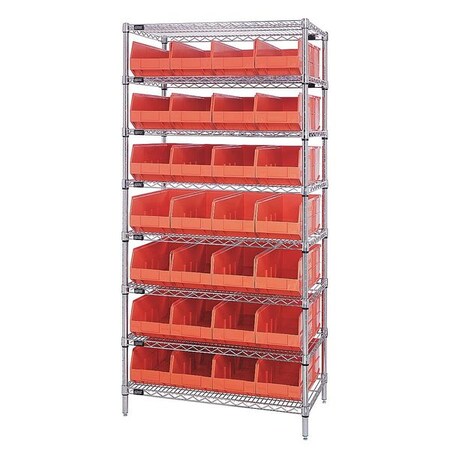 Quantum Storage Systems Steel, Polypropylene Bin Shelving, 21 in D x 74 in H x 36 in W, 8 Shelves, Orange WR8-483OR