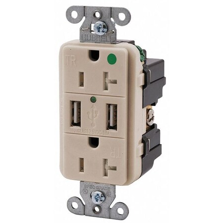 Hubbell Wiring Device-Kellems USB Charger Receptacle, 20 Amps, 125V AC, Flush Mount, Decorator Duplex Outlet, 5-20R, Light Almond USB8300LA