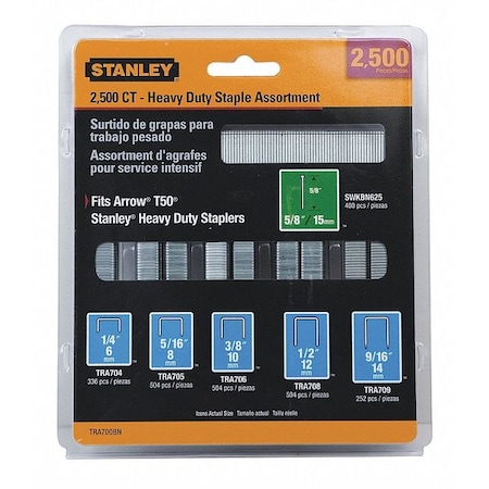 Stanley Heavy Duty Staples & Brad Assortment, 18 ga, Narrow Crown, 5/8 in Leg L, Steel, 2500 PK TRA700BN