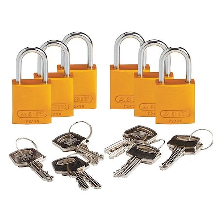 Brady Lockout Padlock, Keyed Different, Aluminum, Yellow, 1 in Shackle Height, 1 1/4 in Body Width, 6 PK 133264