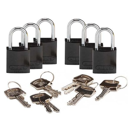 Brady Lockout Padlock, Keyed Alike, Aluminum, Black, 1 in Shackle Height, 1 1/4 in Body Width, 6 PK CPAL-BLK-25AL-KA6