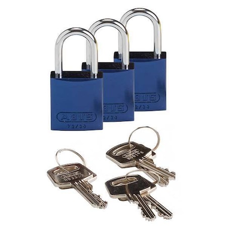 Brady Lockout Padlock, Keyed Alike, Aluminum, Blue, 1 in Shackle Height, 1 1/4 in Body Width, 3 PK 133280