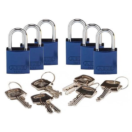 Brady Lockout Padlock, Keyed Alike, Aluminum, Blue, 1 in Shackle Height, 1 1/4 in Body Width, 6 PK CPAL-BLU-25AL-KA6
