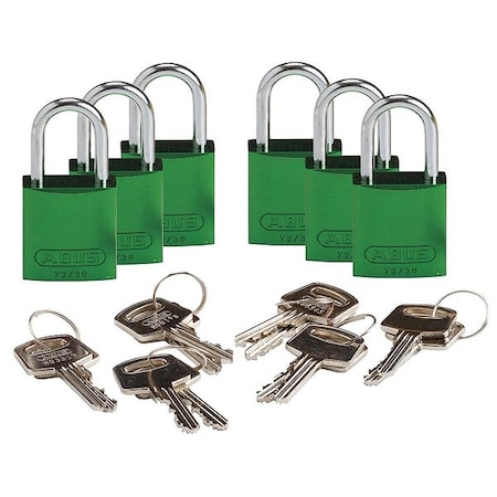 Brady Lockout Padlock, Keyed Different, Aluminum, Green, 1 in Shackle Height, 1 1/4 in Body Width, 6 PK 133263