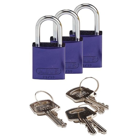 Brady Lockout Padlock, Keyed Alike, Aluminum, Purple, 1 in Shackle Height, 1 1/4 in Body Width, 3 PK 133286