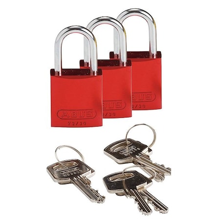 Brady Lockout Padlock, Keyed Alike, Aluminum, Red, 1 in Shackle Height, 1 1/4 in Body Width, 3 PK 133279