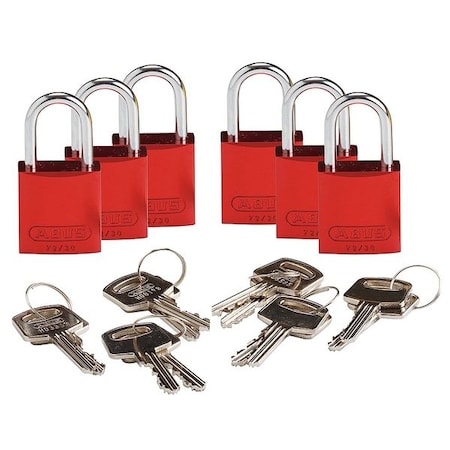 Brady Lockout Padlock, Keyed Different, Aluminum, Red, 1 in Shackle Height, 1 1/4 in Body Width, 6 PK 133261