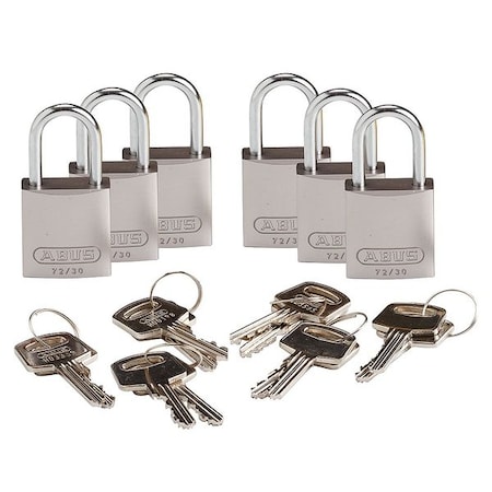 Brady Lockout Padlock, Keyed Different, Aluminum, Silver, 1 in Shackle Height, 1 1/4 in Body Width, 6 PK 133269