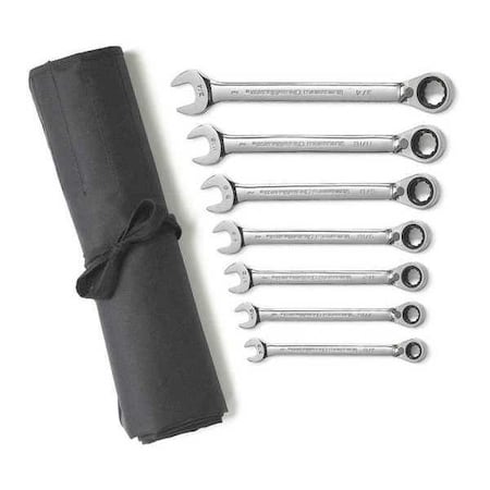 Gearwrench 7 Piece 72-Tooth 12 Point Reversible Ratcheting Combination SAE Wrench Set with Tool Roll 9567RN