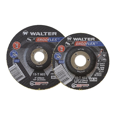 Walter Surface Technologies Grinding Wheel T29, 4.5"x7/8", 36g, Type 27, 6.29 in Dia, 0.27 in Thick 15T703