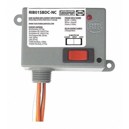 Functional Devices-Rib Enclosed Relay, 20A, SPST-N/C Override RIB01SBDC-NC