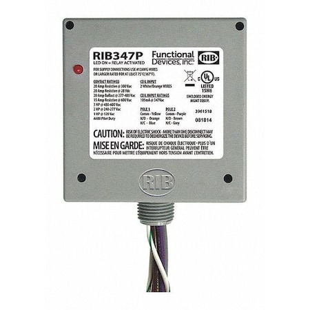 Functional Devices-Rib Enclosed Relay, 20A, DPDT, 347VAC Coil RIB347P