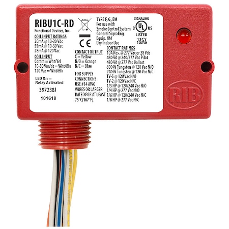 Functional Devices-Rib Enclosed Relay, 10A, SPDT RIBU1C-RD