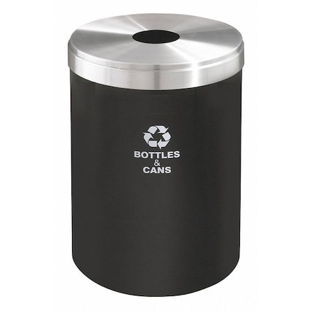 Glaro 33 gal Round Recycling Bin, Open Top, Satin Black/Satin Aluminum, 1 Openings B-2032BK-SA-B&C
