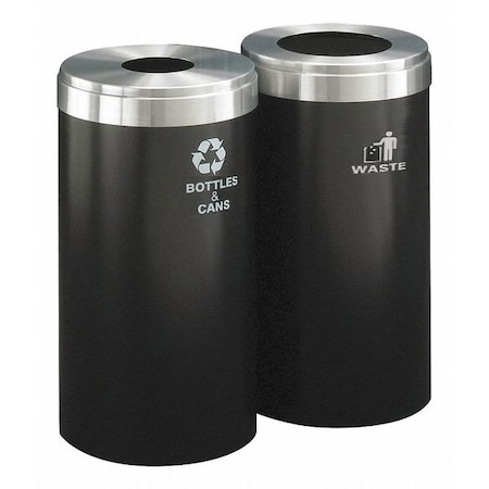 Glaro 30 gal Round Recycling Bin, Open Top, Satin Black/Satin Aluminum, 2 Openings 1242-2BK-SA-B&C/W