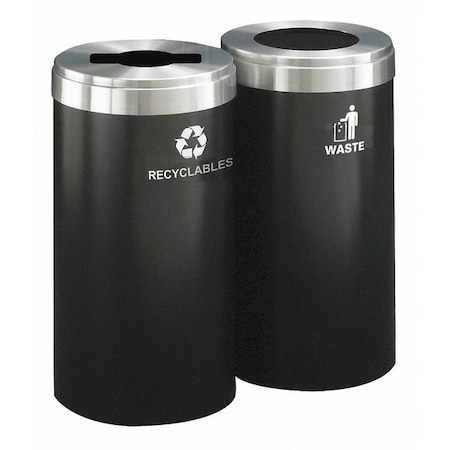 Glaro 30 gal Round Recycling Bin, Open Top, Satin Black/Satin Aluminum, 2 Openings 1242-2BK-SA-R/W