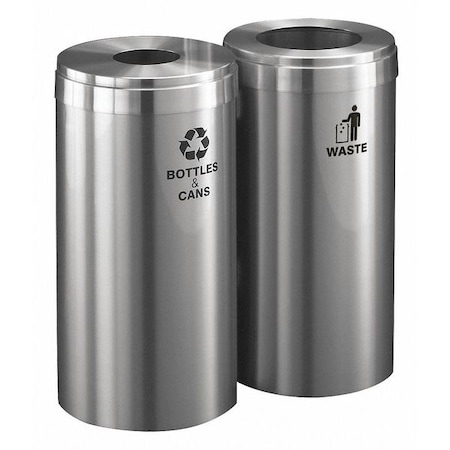 Glaro 30 gal Round Recycling Bin, Open Top, Satin Aluminum, 2 Openings 1242-2SA-SA-B&C/W