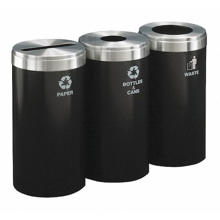 Glaro 30 gal Round Recycling Bin, Open Top, Satin Black/Satin Aluminum, 3 Openings 1242-3BK-SA-B&C/P/W