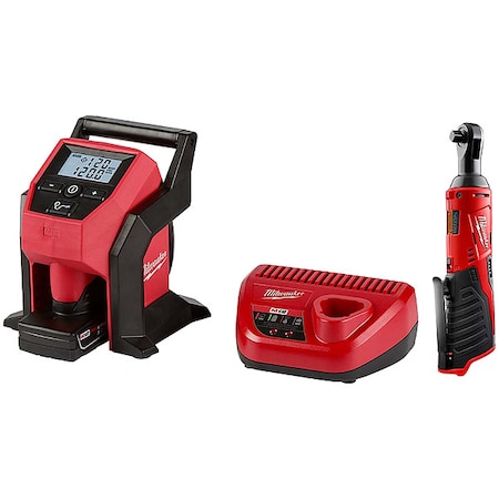 Milwaukee Tool M12 Cordless 3/8" Ratchet + M12 Compact Inflator Kit 2475-21XC, 2457-20