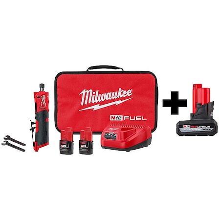 Milwaukee Tool M12 FUEL 1/4" Straight Die Grinder Kit + M12 HIGH OUTPUT XC5.0 Battery Pack 2486-22, 48-11-2450