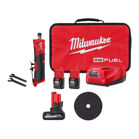 Milwaukee Tool M12 FUEL 1/4" Straight Die Grinder Kit + 2" Metal Cut Off Wheel 5 PACK + M12 XC5.0 Battery 2486-22, 48-11-2450, 49-94-2000