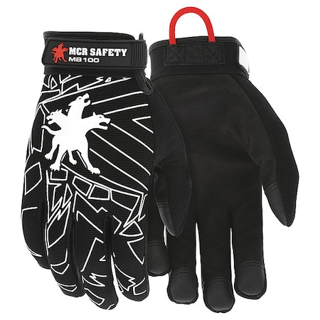 Mcr Safety Mechanics Gloves, Spandex Back, Hook-and-Loop, Black, M MB100M