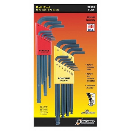 Bondhus 21 Piece Metric/SAE L-Shape Hex Key Set, 20196 20196